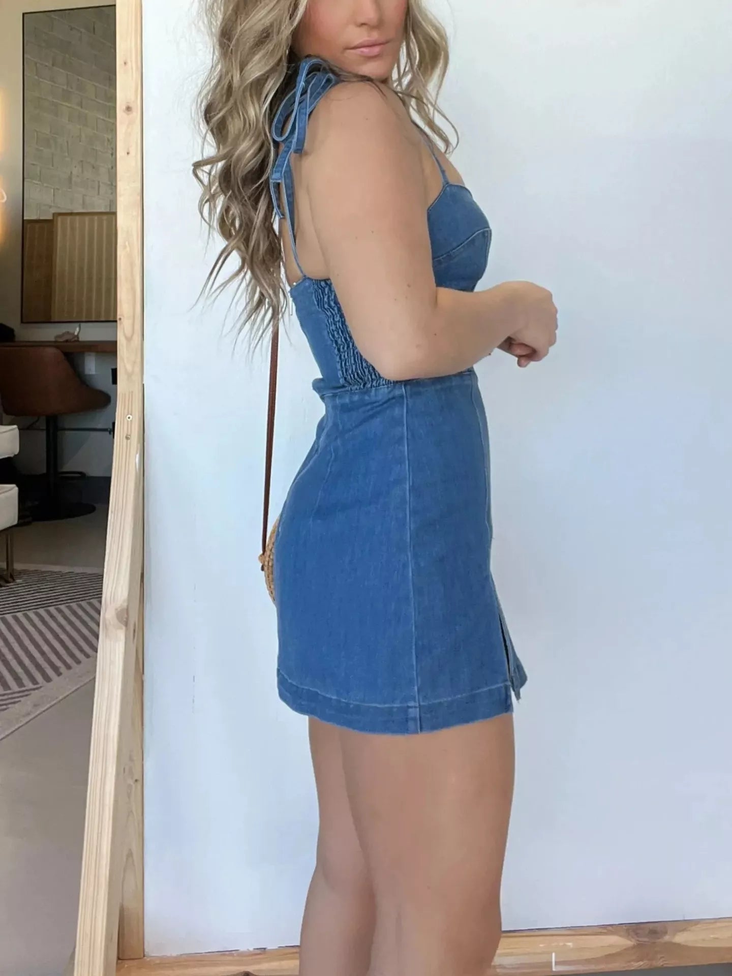 Full Size Tie-Strap Denim Mini Dress Plus Size