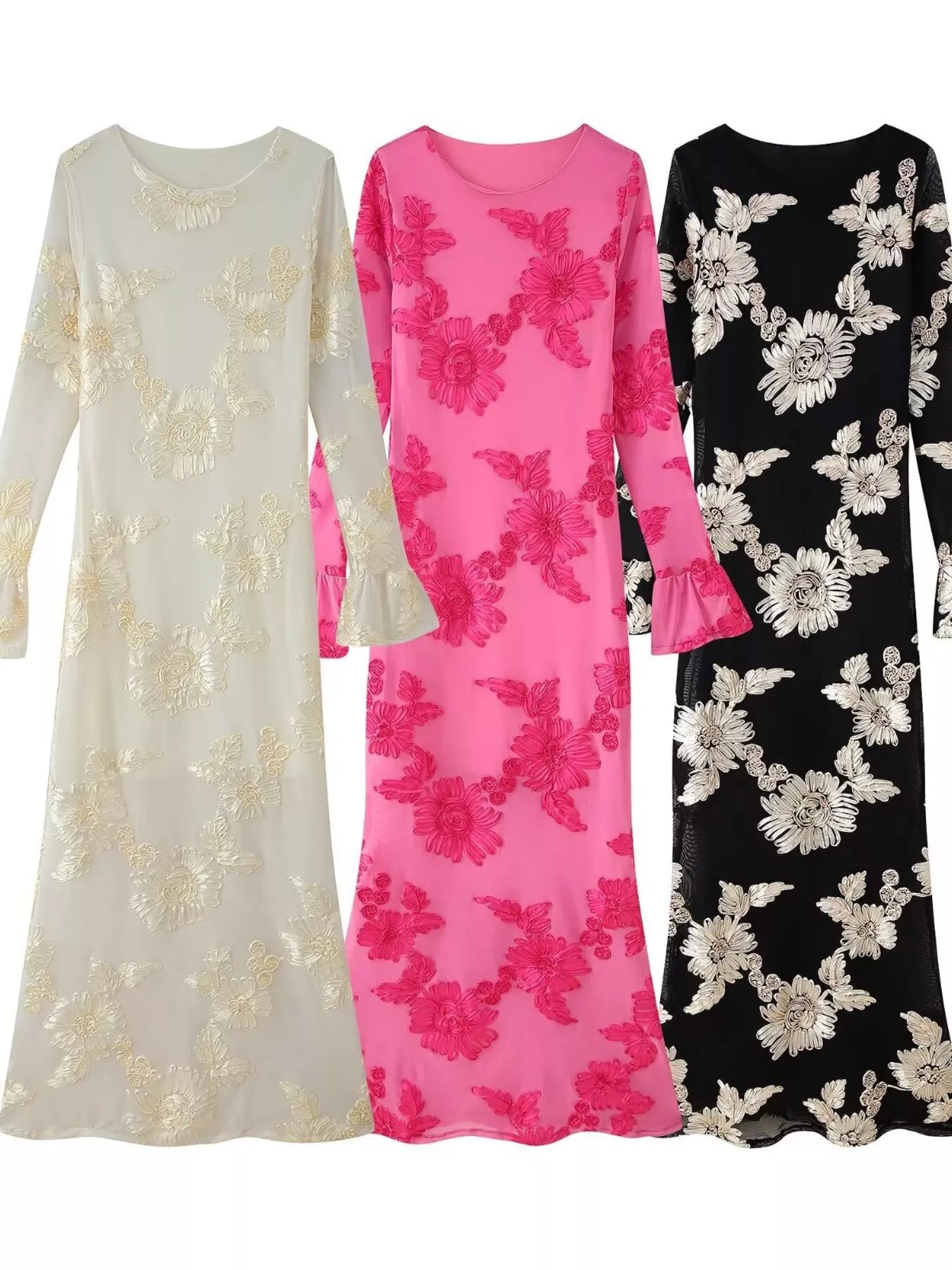 Floral Flounce Sleeve Round Neck Dress