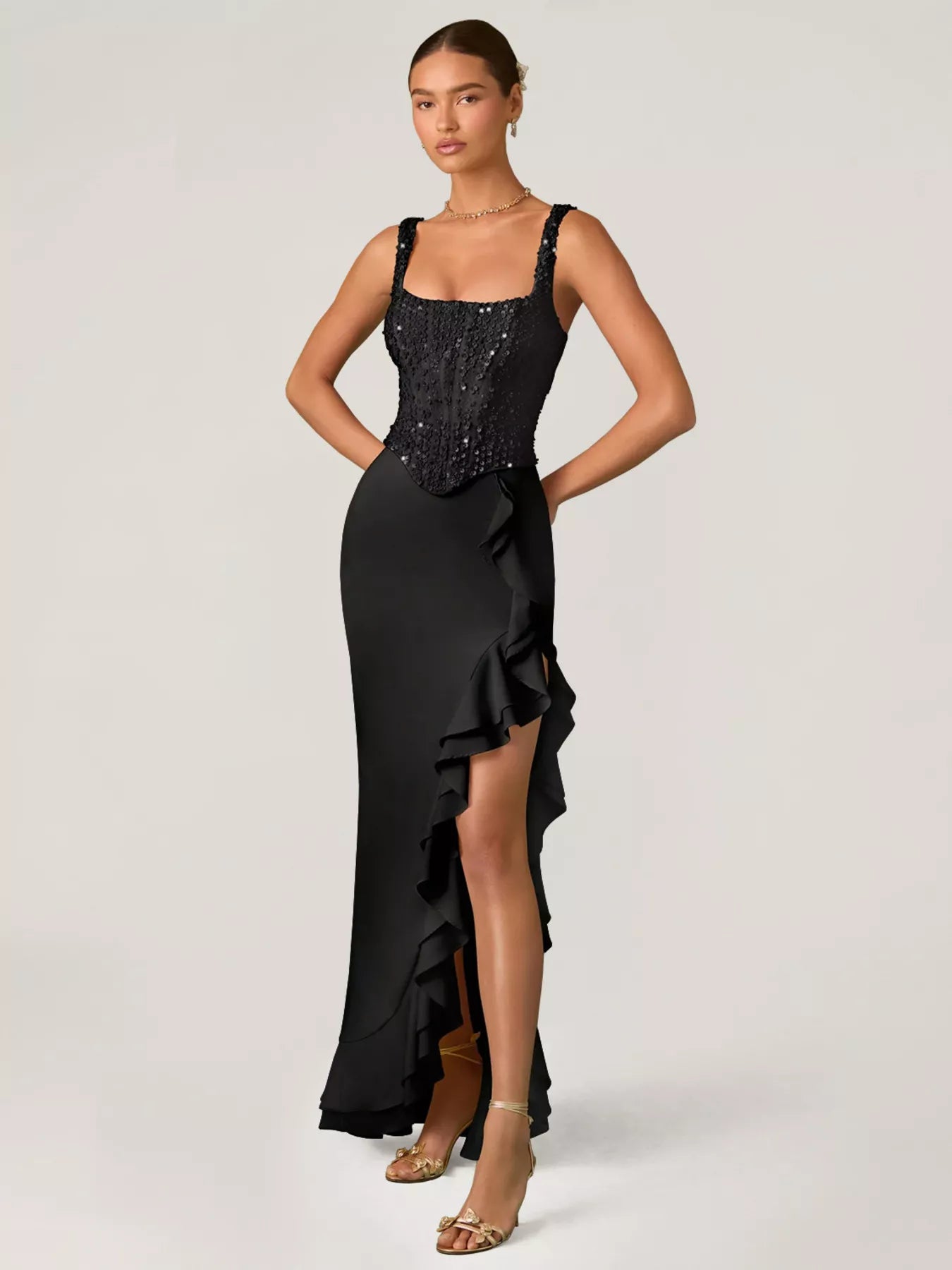 Sequin Ruffle Hem Maxi Dress