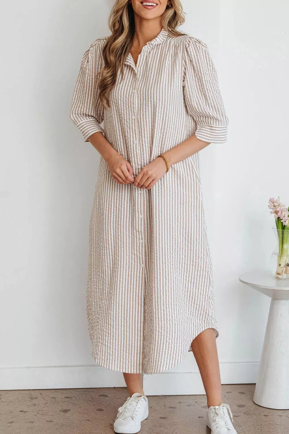 Stripe Frilled Collar Half Sleeve Shirt Dress
