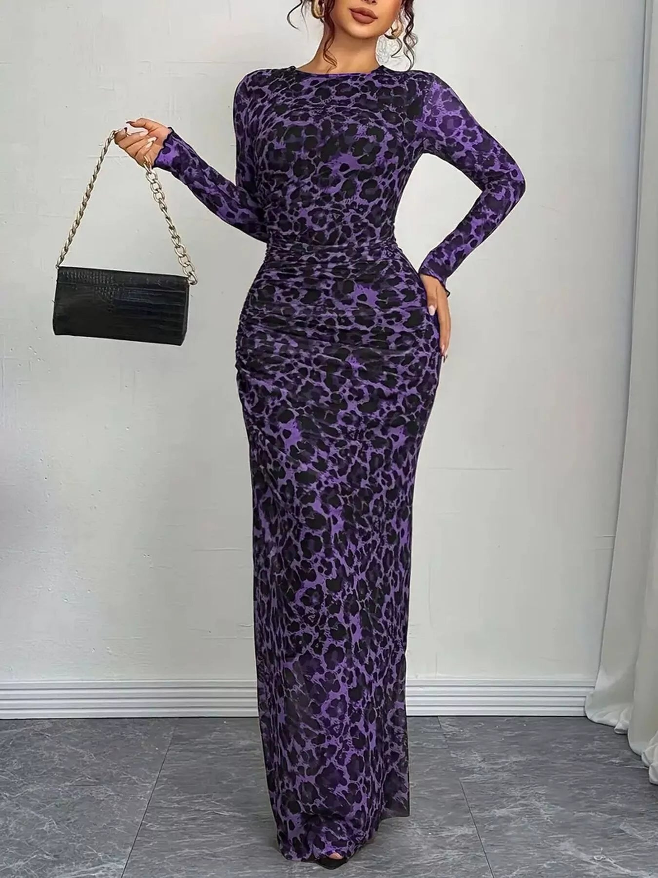 Leopard Ruched Bodycon Maxi Dress
