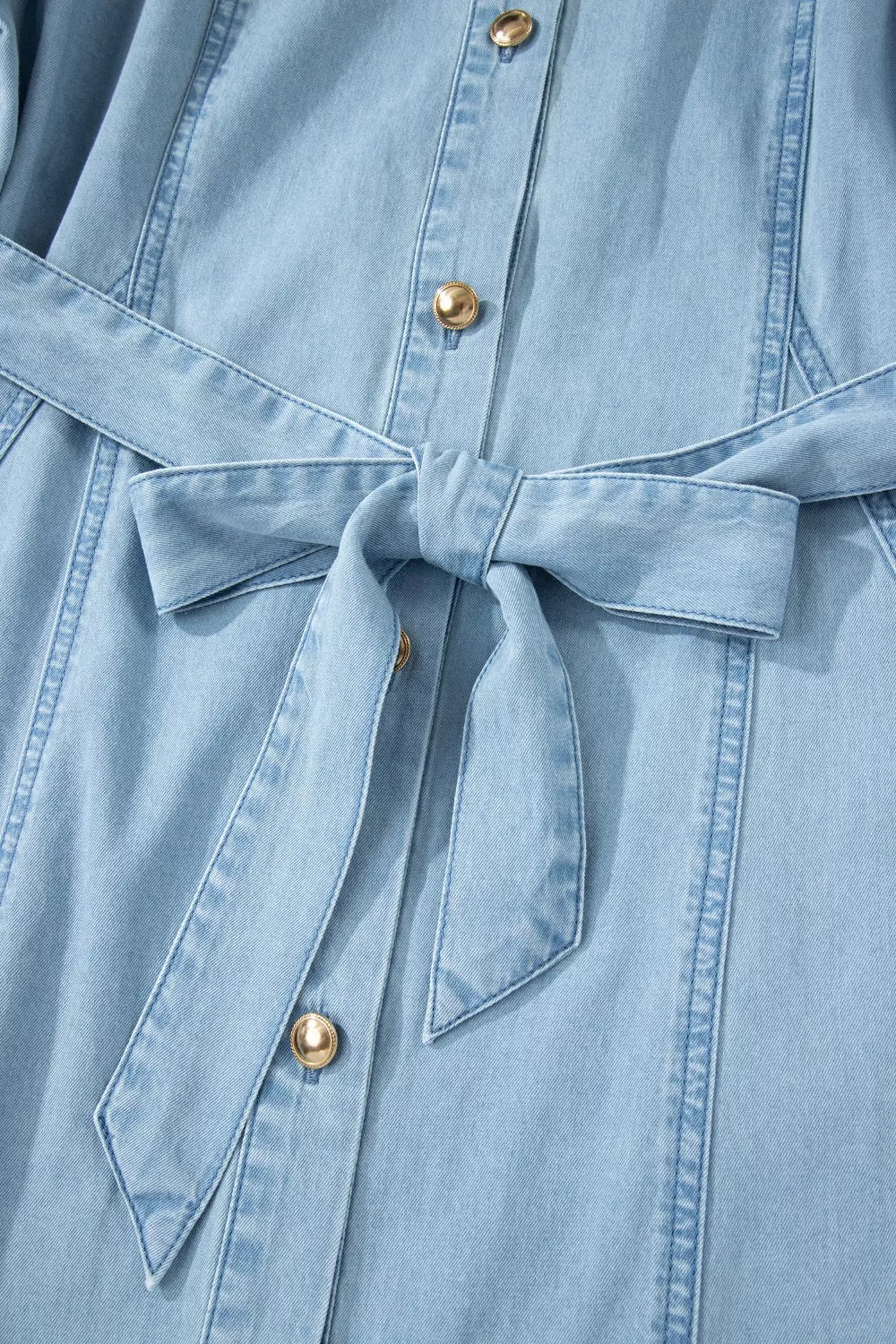 Full Buttons Collared Short Bubble Sleeve Long Denim Dress