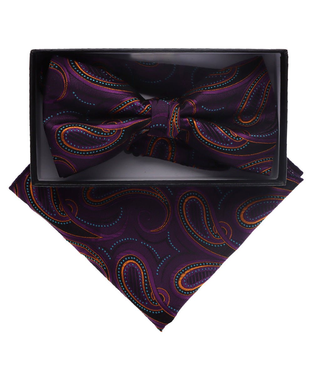 Vittorio Farina Men's Paisley Design Satin Bow Tie & Pocket Square in Gift Box