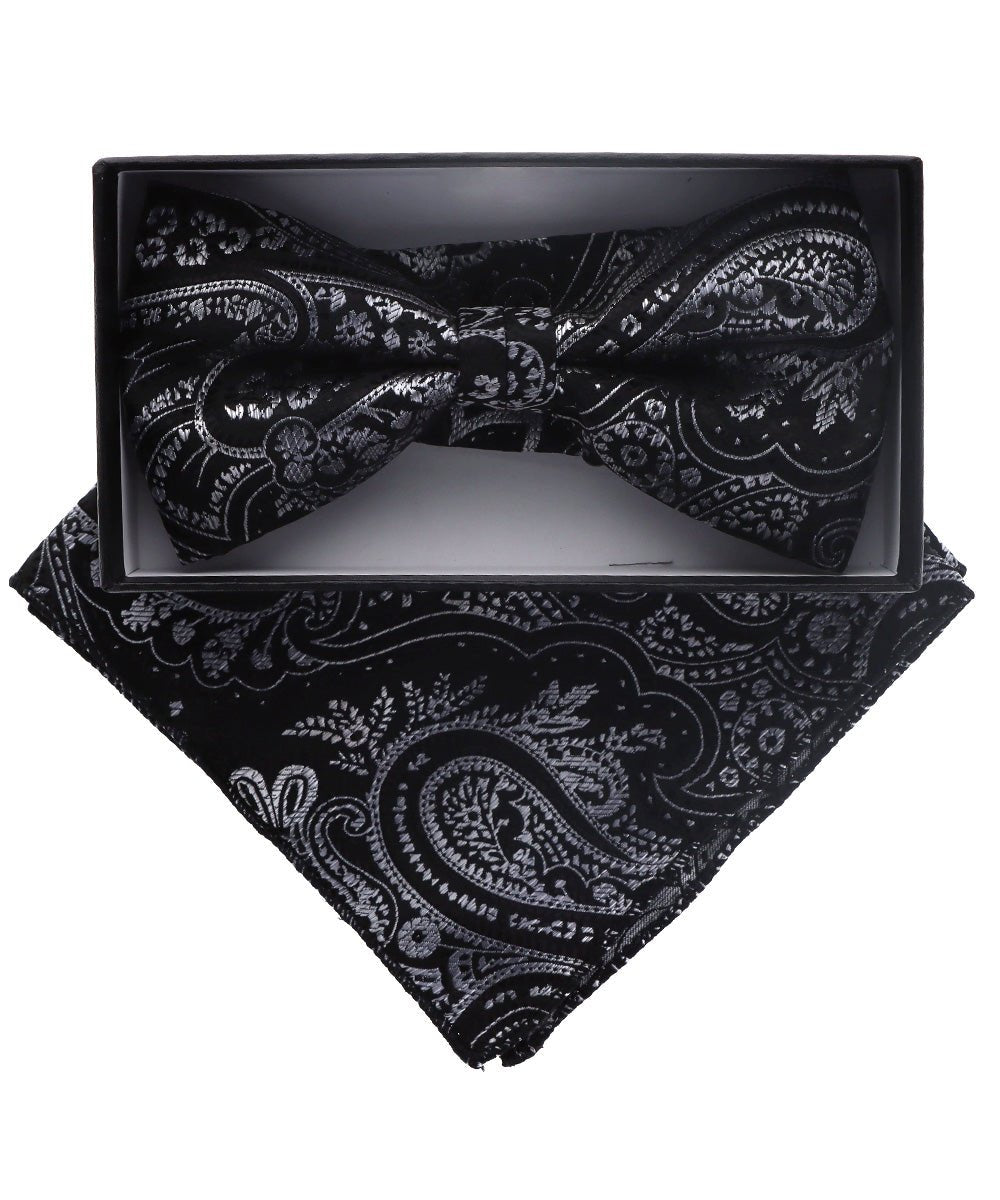 Vittorio Farina Men's Paisley Design Satin Bow Tie & Pocket Square in Gift Box