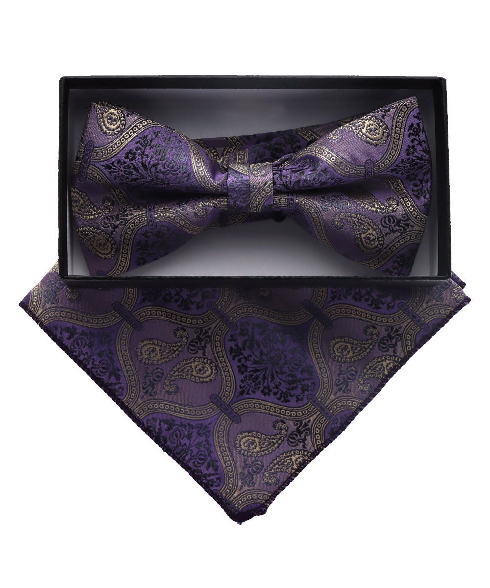 Vittorio Farina Men's Paisley Design Satin Bow Tie & Pocket Square in Gift Box