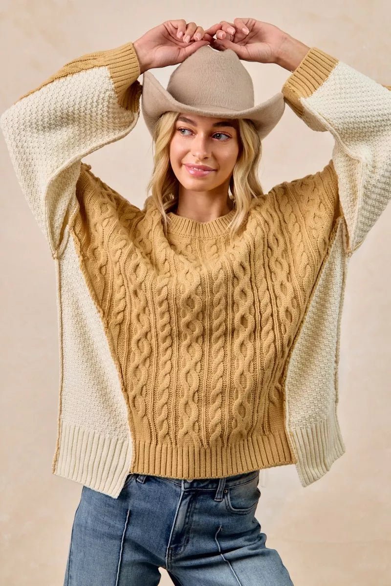 BiBi Cable Knit With Hacci Combo Sweater With Uneven Hem Detail - Overture Gifts
