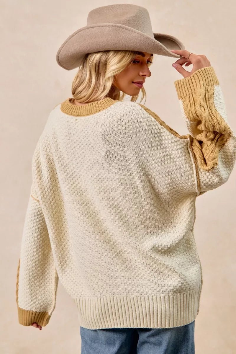BiBi Cable Knit With Hacci Combo Sweater With Uneven Hem Detail - Overture Gifts