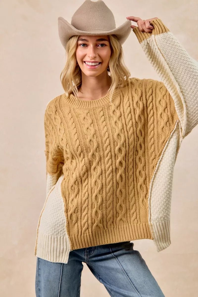 BiBi Cable Knit With Hacci Combo Sweater With Uneven Hem Detail - Overture Gifts