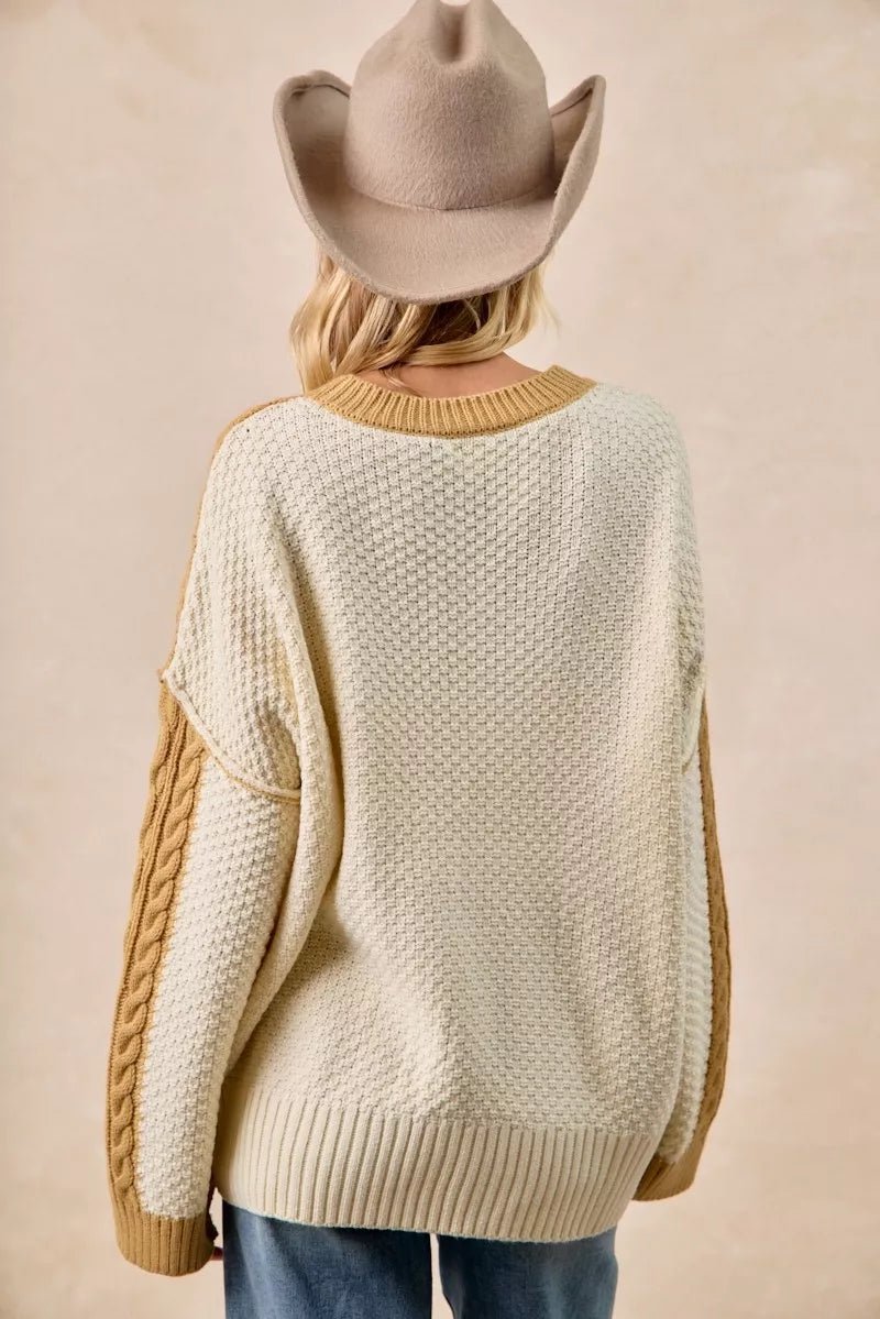 BiBi Cable Knit With Hacci Combo Sweater With Uneven Hem Detail - Overture Gifts