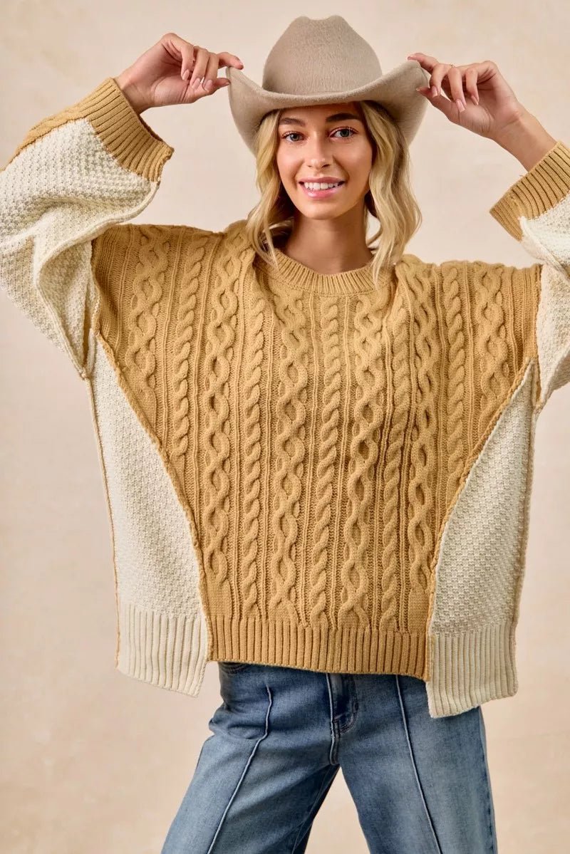 BiBi Cable Knit With Hacci Combo Sweater With Uneven Hem Detail - Overture Gifts