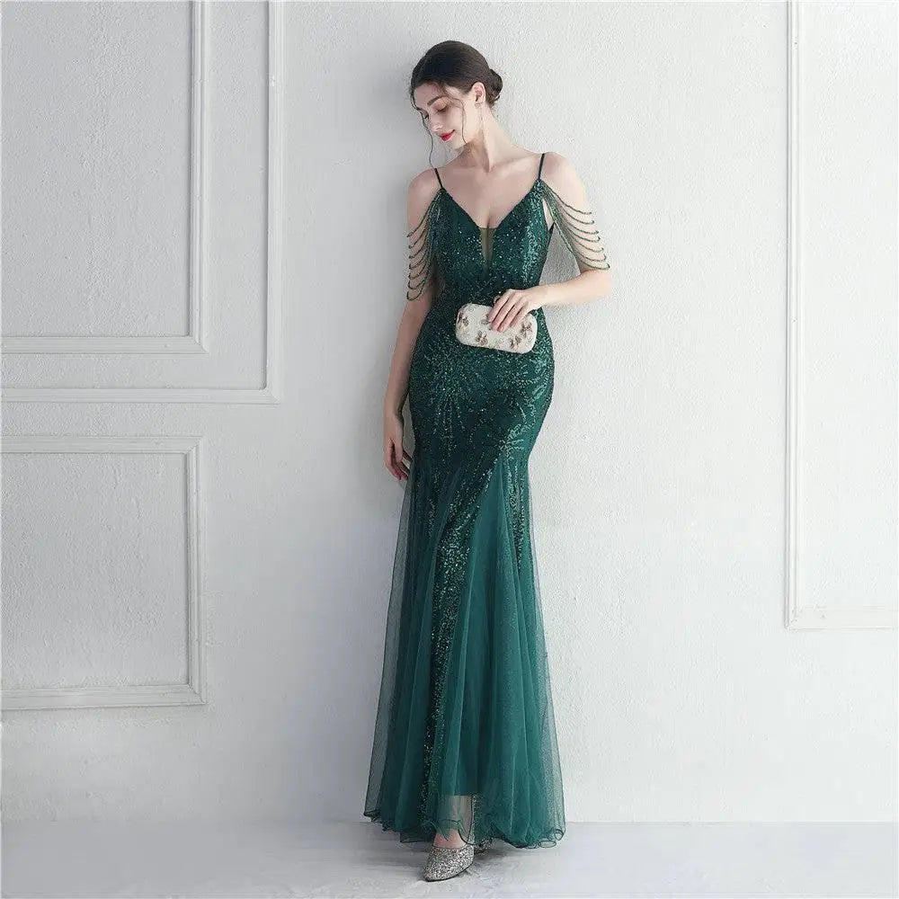 Black Mesh Beaded Bridal Wedding Dinner Gown