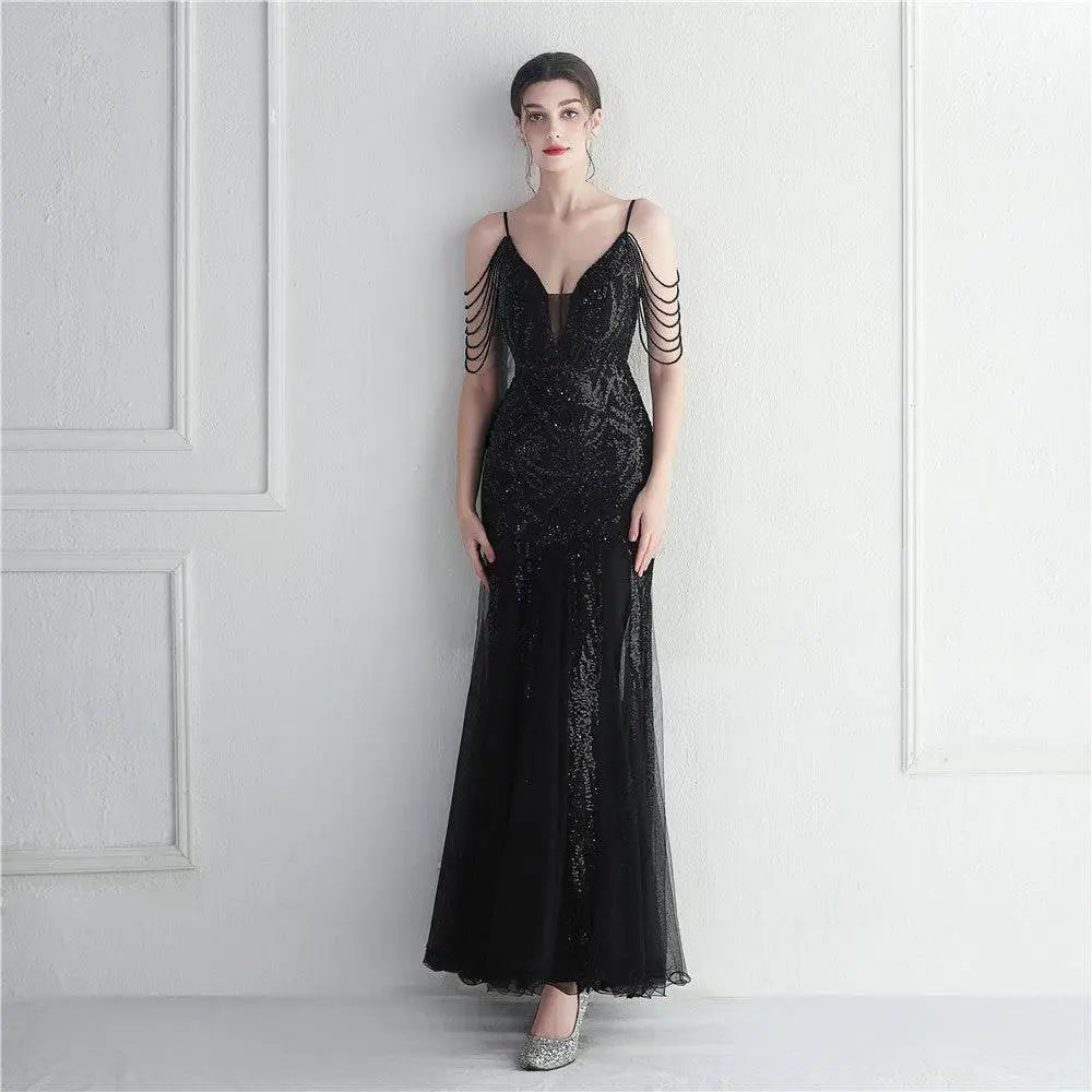 Black Mesh Beaded Bridal Wedding Dinner Gown
