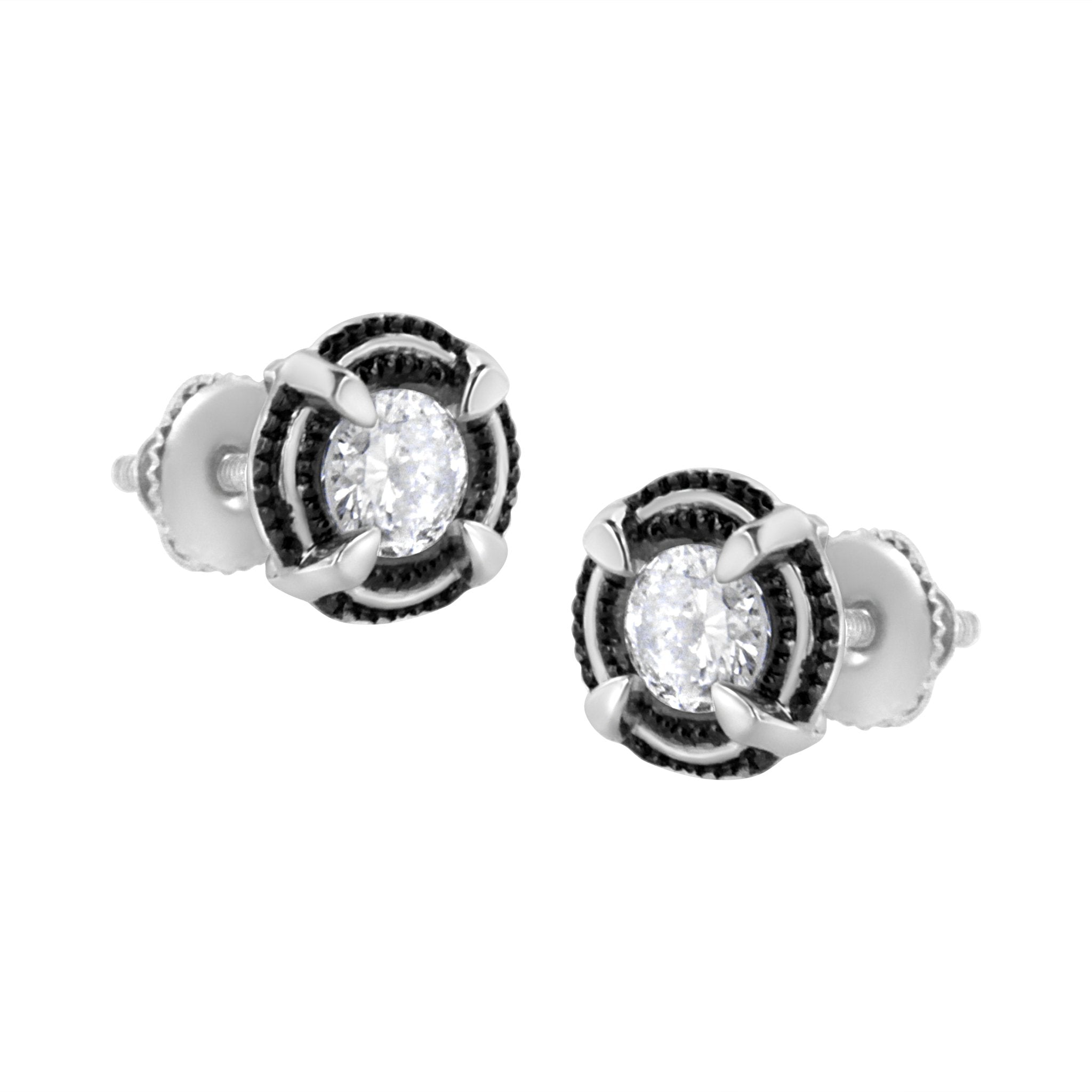 Black Rhodium Plated .925 Sterling Silver Round 1-1/2 cttw Diamond Double Halo 4-Prong Solitaire Milgrain Stud Earrings (H-I Color, I2-I3 Clarity) - Overture Gifts