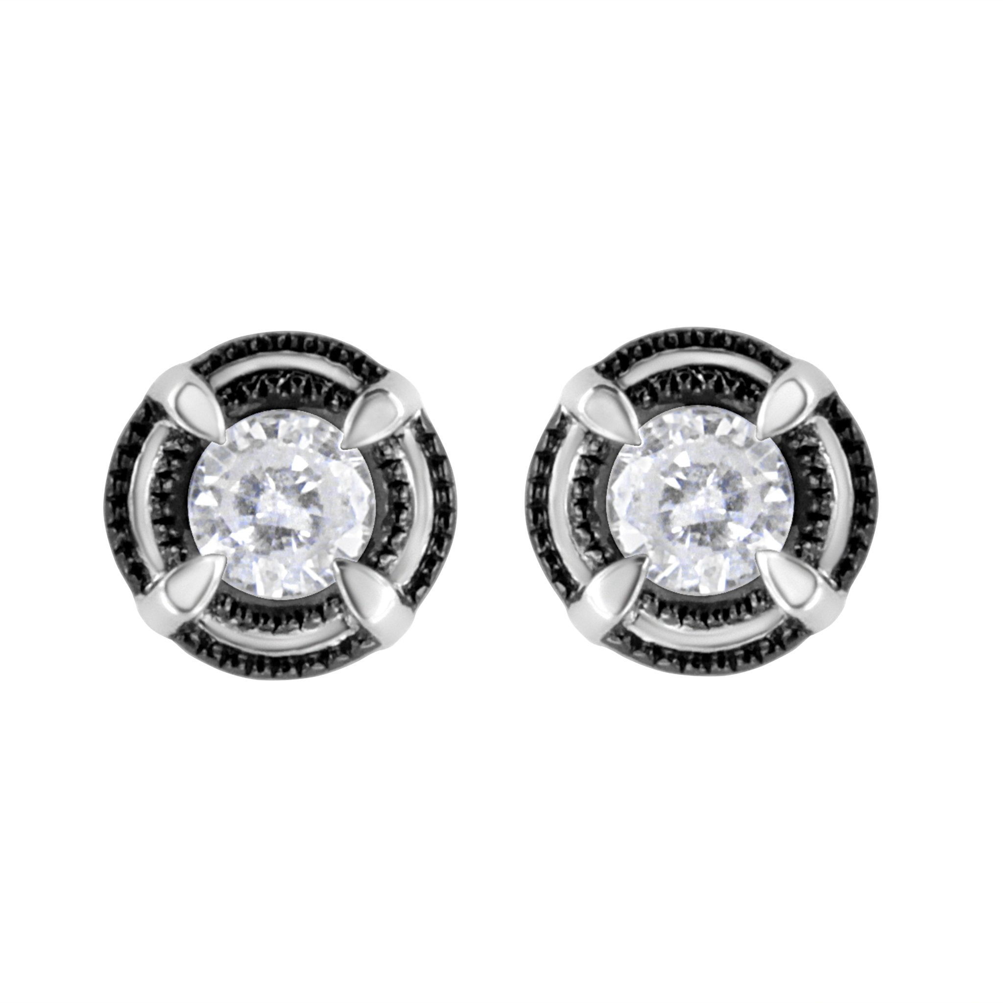 Black Rhodium Plated .925 Sterling Silver Round 1-1/2 cttw Diamond Double Halo 4-Prong Solitaire Milgrain Stud Earrings (H-I Color, I2-I3 Clarity) - Overture Gifts