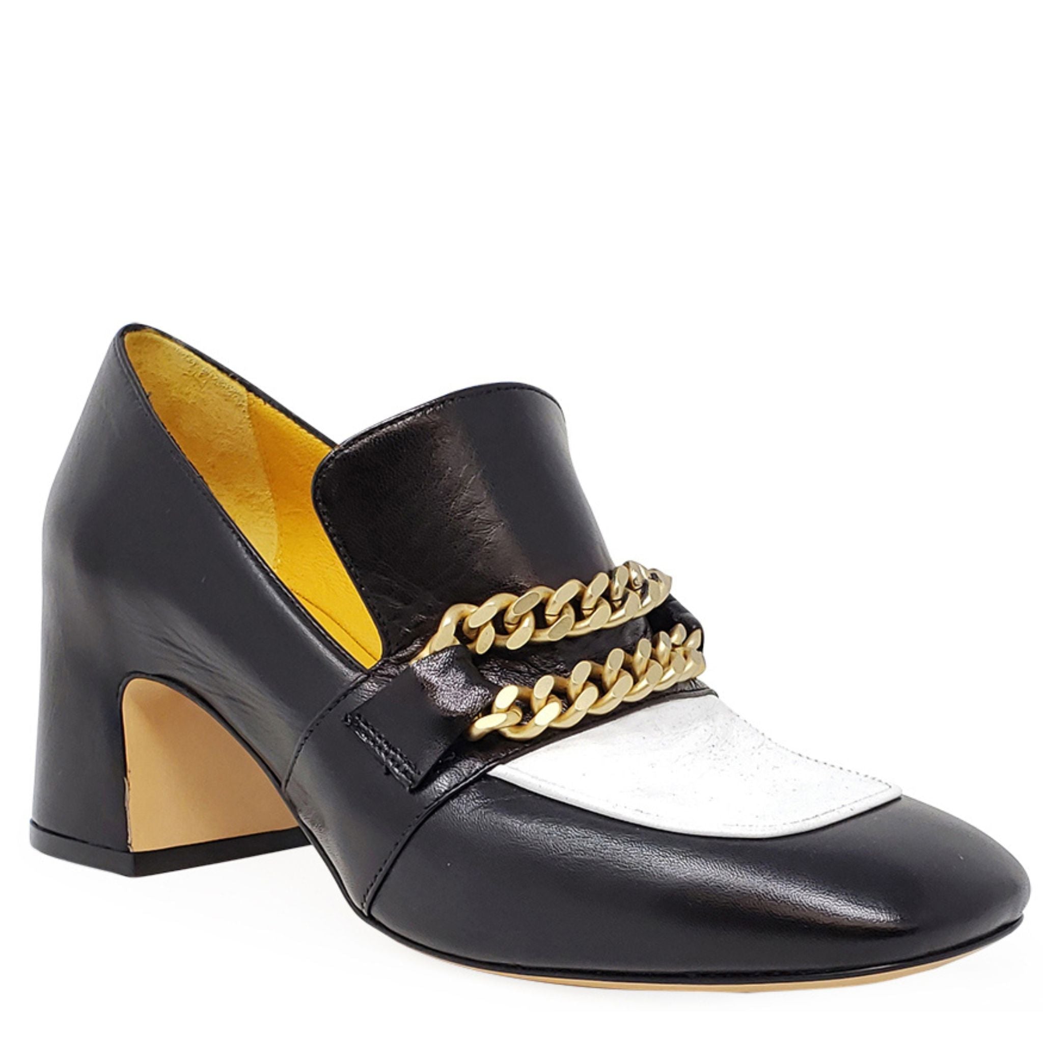 Black & White Leather Mid Heel Loafer W/Chain - Overture Gifts