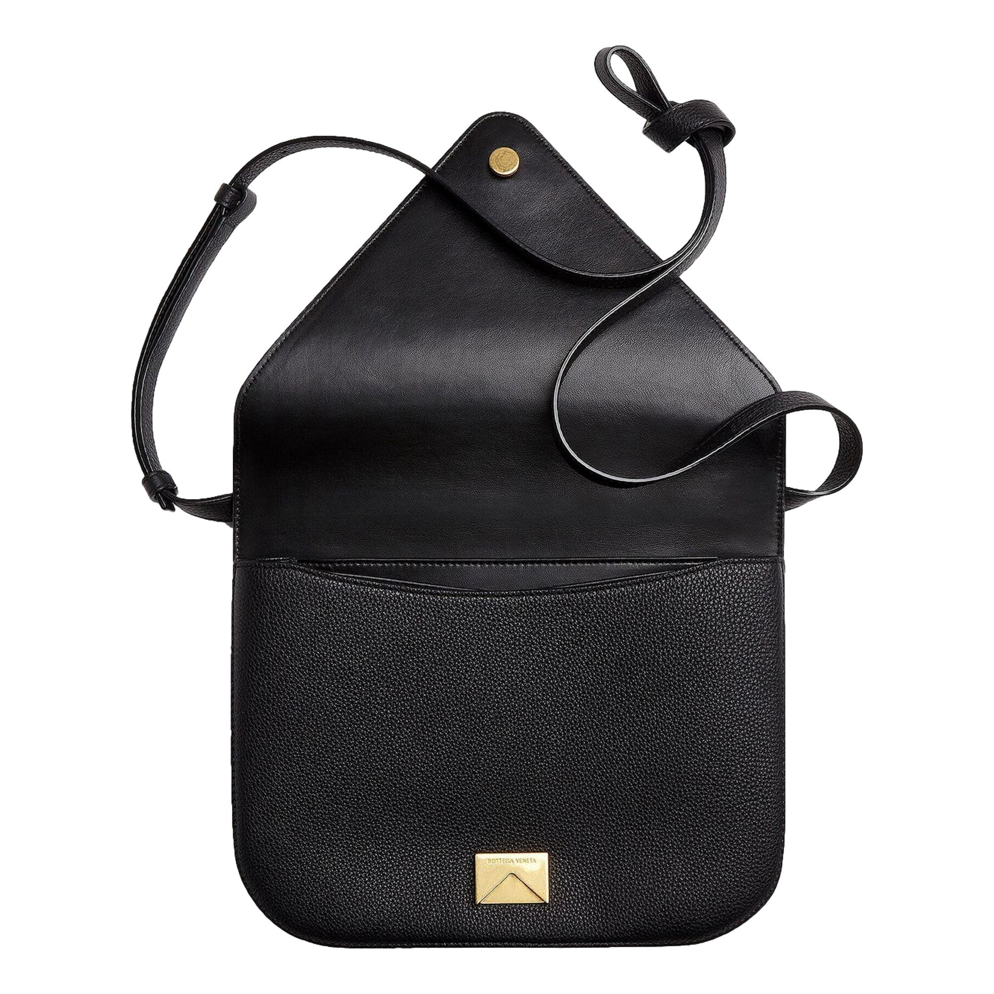 Bottega Veneta Mount Medium Envelope Black Leather Shoulder Bag Gold Chain