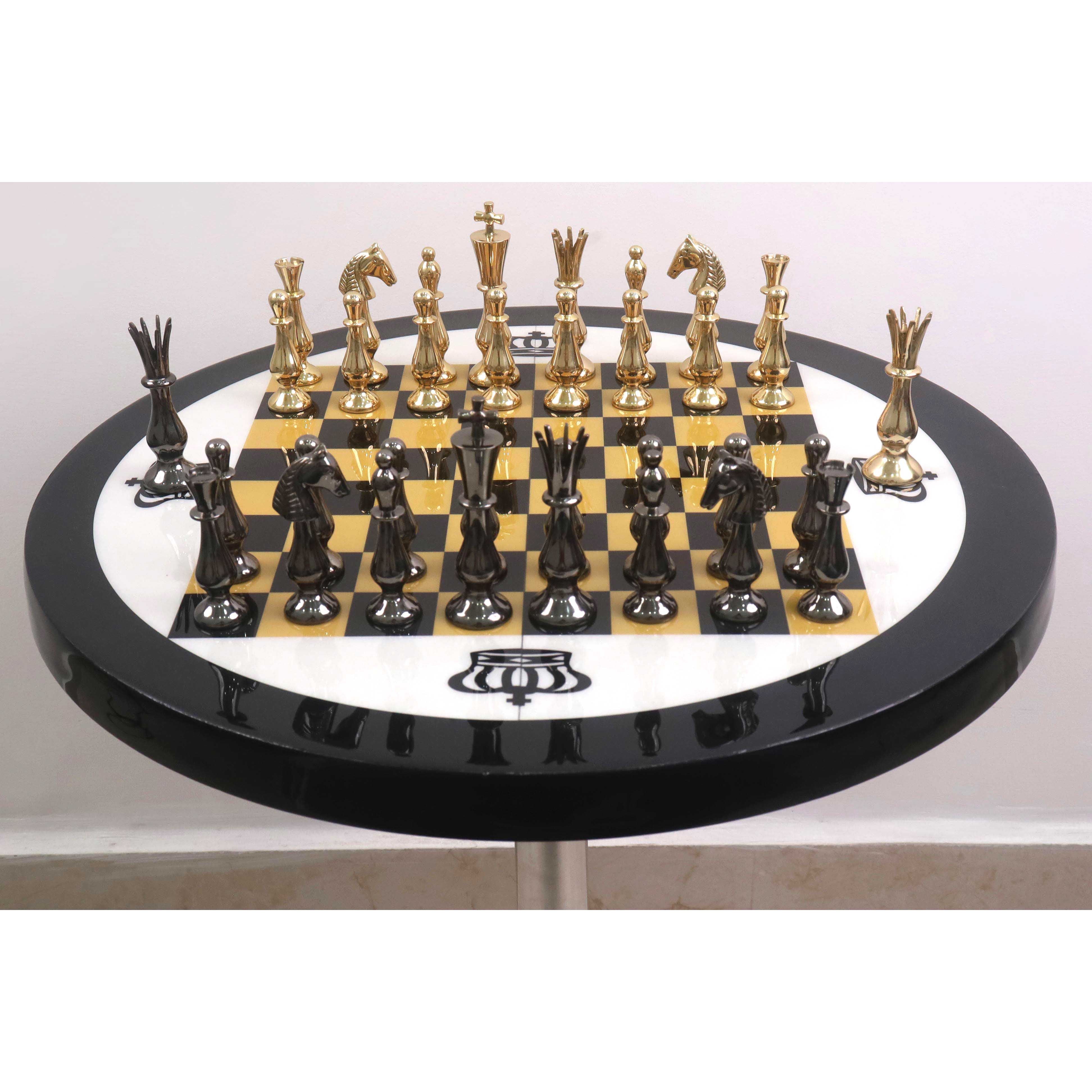 17" Minimalist Brass Metal Luxury Chess Pieces, Board and Table Set - 21" Height