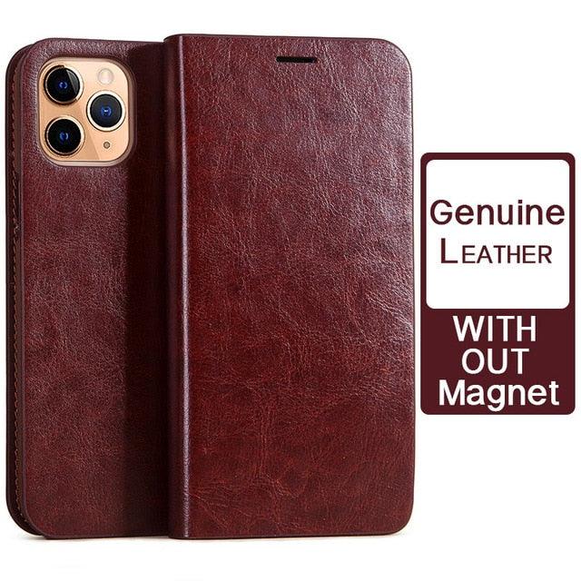Brown Genuine Leather Flip Case For iPhone Luxury Wallet Card Cover For iPhone 14 13 Leather iPhone Case Kickstand Card Holder Flip Leather Wallet Phone Case - Overture Gifts