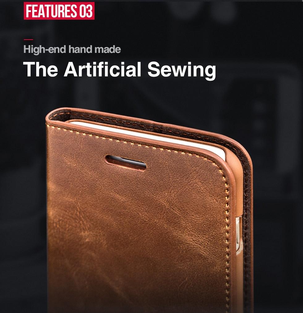 Brown Genuine Leather Flip Case For iPhone Luxury Wallet Card Cover For iPhone 14 13 Leather iPhone Case Kickstand Card Holder Flip Leather Wallet Phone Case - Overture Gifts