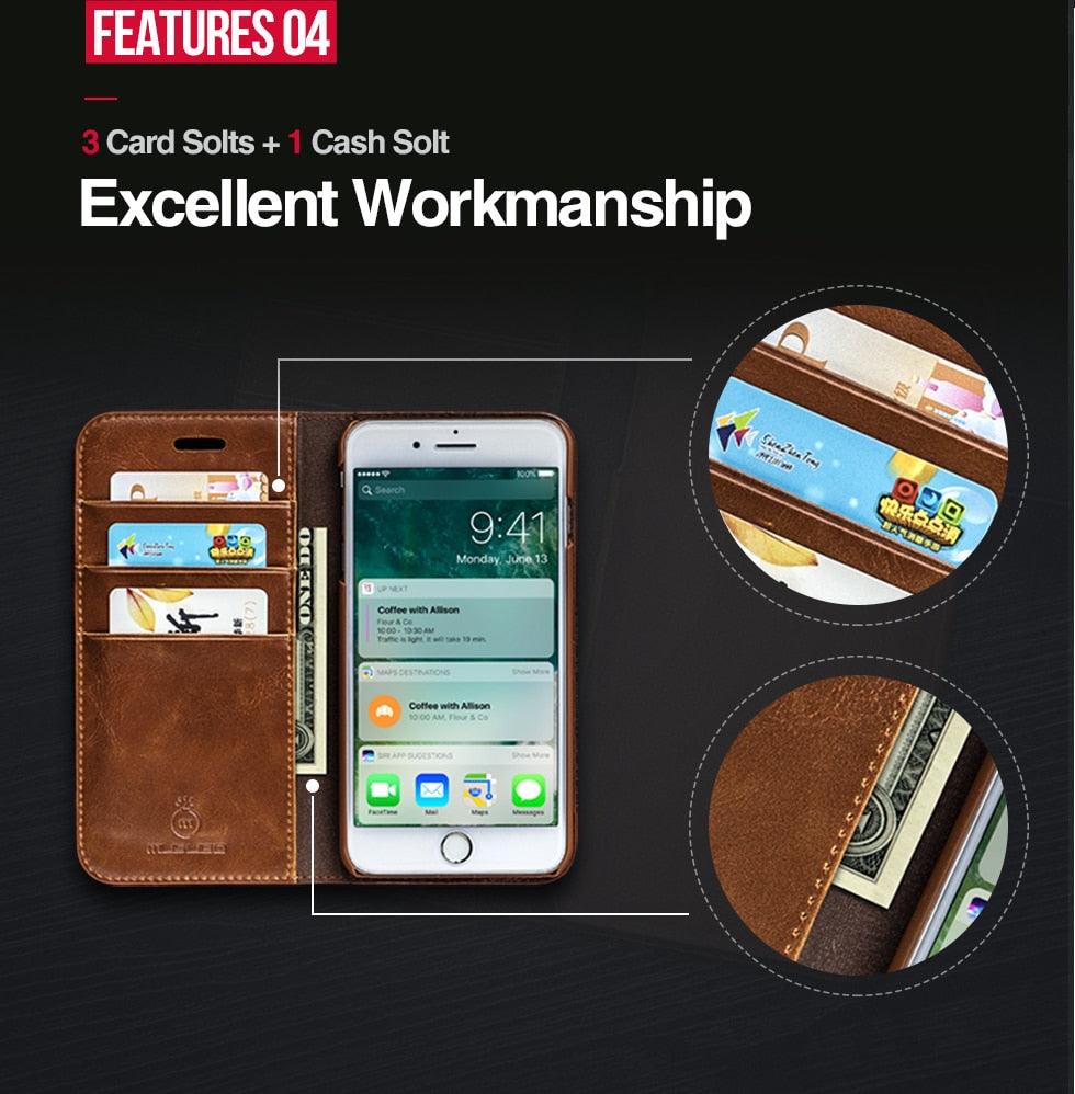 Brown Genuine Leather Flip Case For iPhone Luxury Wallet Card Cover For iPhone 14 13 Leather iPhone Case Kickstand Card Holder Flip Leather Wallet Phone Case - Overture Gifts