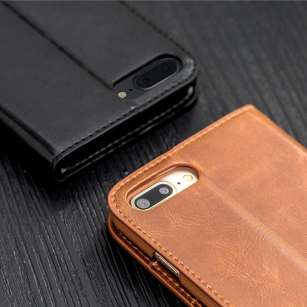 Brown Genuine Leather Flip Case For iPhone Luxury Wallet Card Cover For iPhone 14 13 Leather iPhone Case Kickstand Card Holder Flip Leather Wallet Phone Case - Overture Gifts