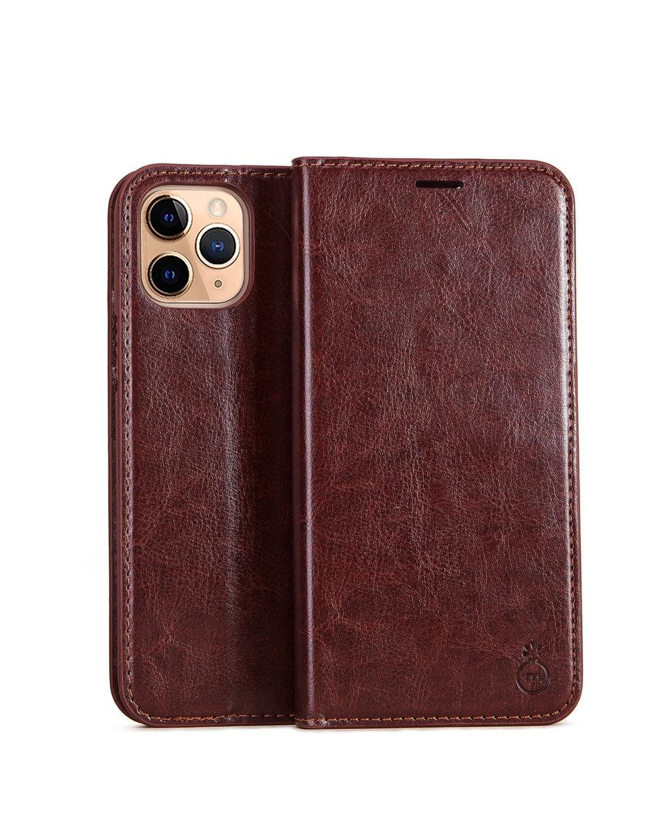 Brown Genuine Leather Flip Case For iPhone Luxury Wallet Card Cover For iPhone 14 13 Leather iPhone Case Kickstand Card Holder Flip Leather Wallet Phone Case - Overture Gifts