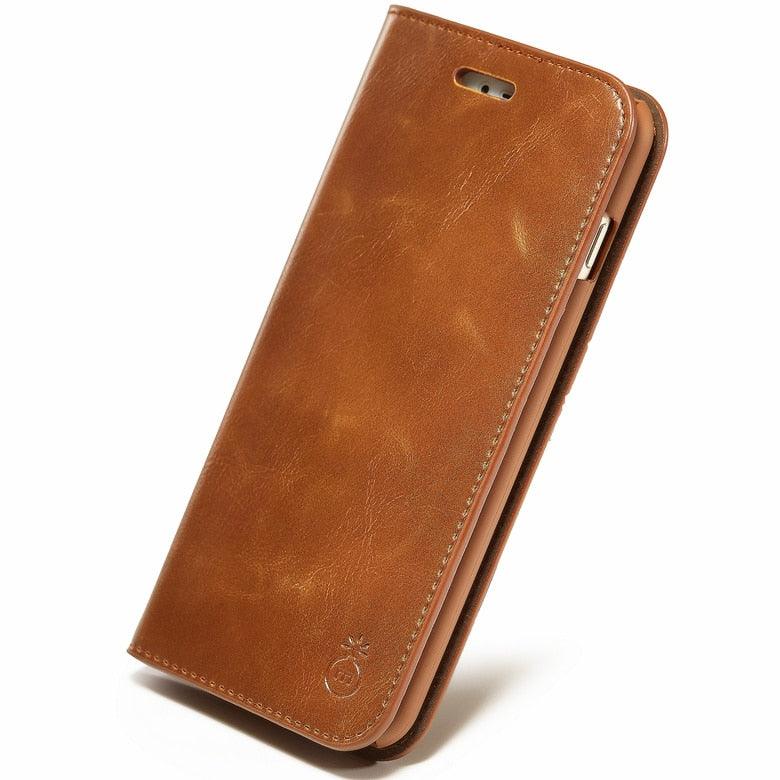 Brown Genuine Leather Flip Case For iPhone Luxury Wallet Card Cover For iPhone 14 13 Leather iPhone Case Kickstand Card Holder Flip Leather Wallet Phone Case - Overture Gifts