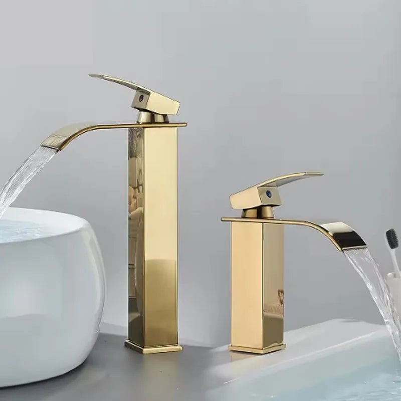 Brushed Gold Waterfall Bathroom Faucet - Single Lever Deck-Mount Basin Mixer, Single Hole, Stainless Steel Ceramic Valve - Overture Gifts