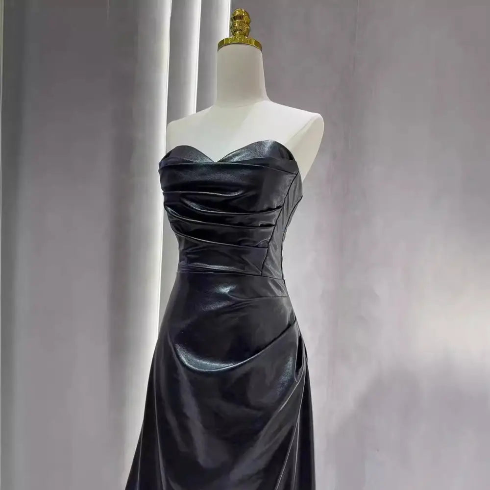 Burgundy Leather Skirt Evening Gown with Sleeves