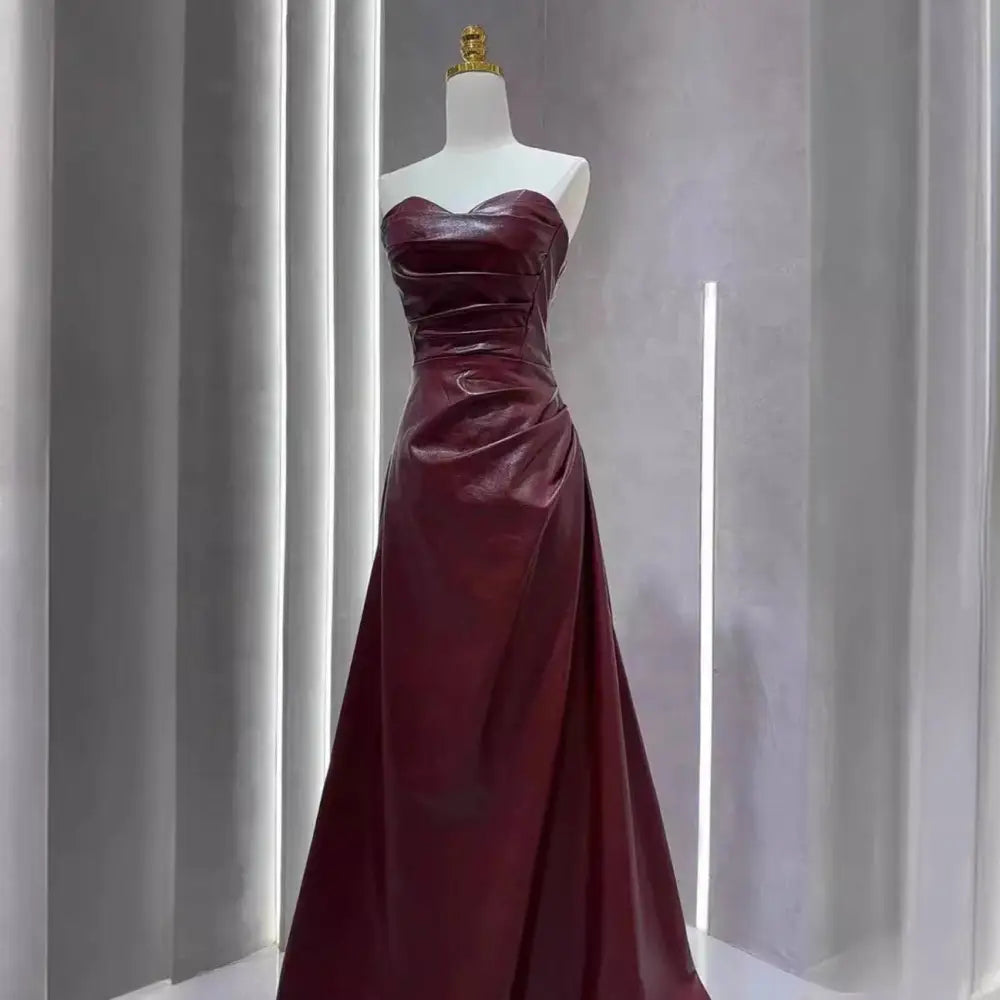 Burgundy Leather Skirt Evening Gown with Sleeves