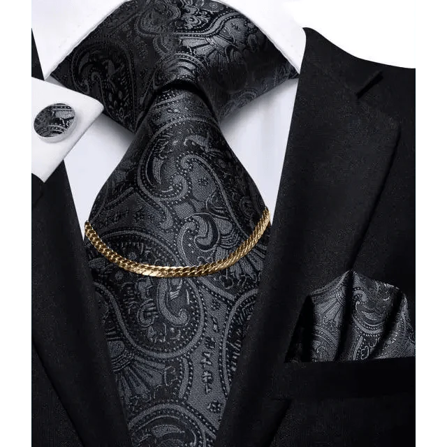 Black Silk Necktie Set Timeless Pocket Square Cufflinks