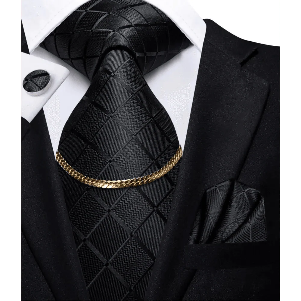 Black Silk Necktie Set Timeless Pocket Square Cufflinks