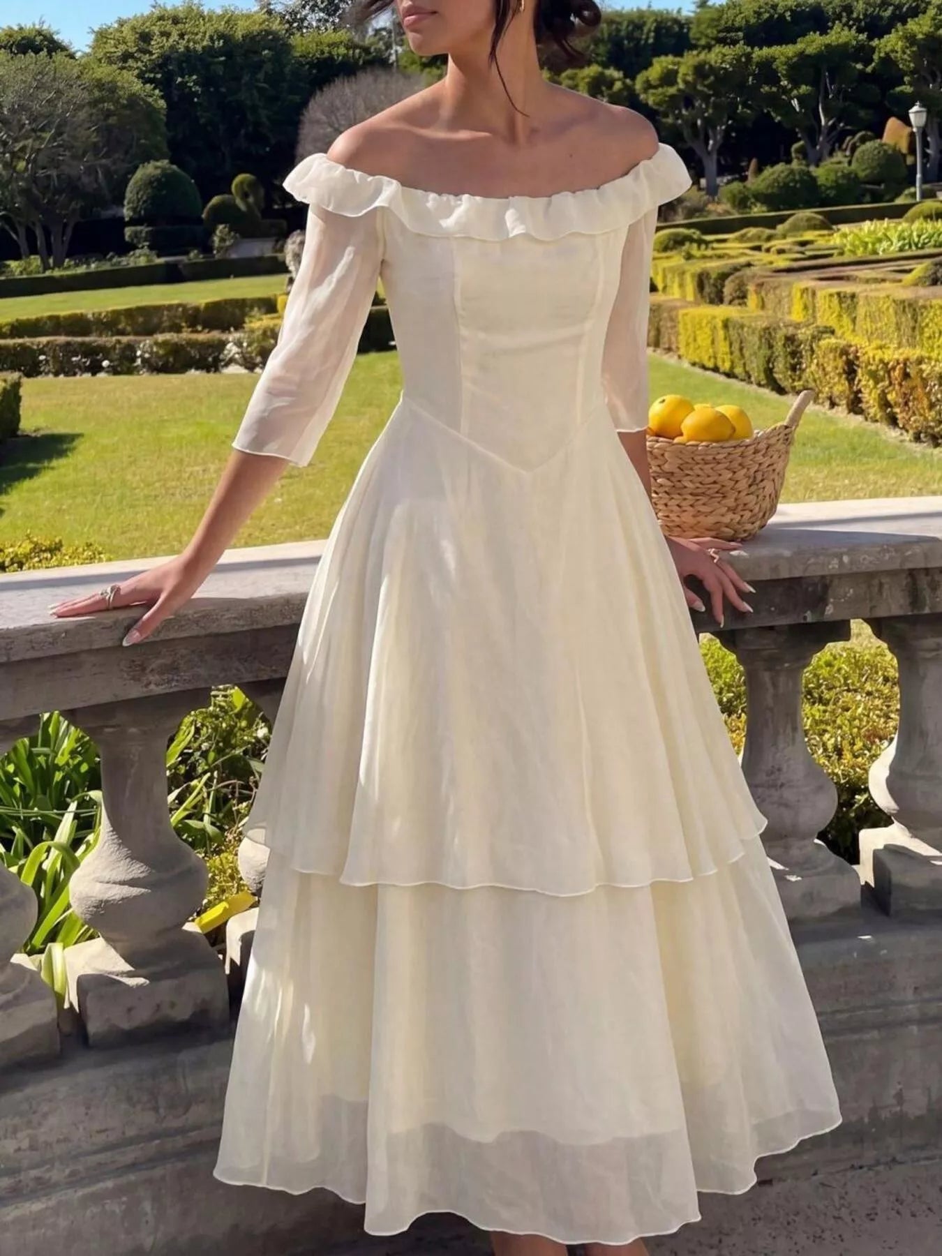 Off-Shoulder Layered Midi Dress