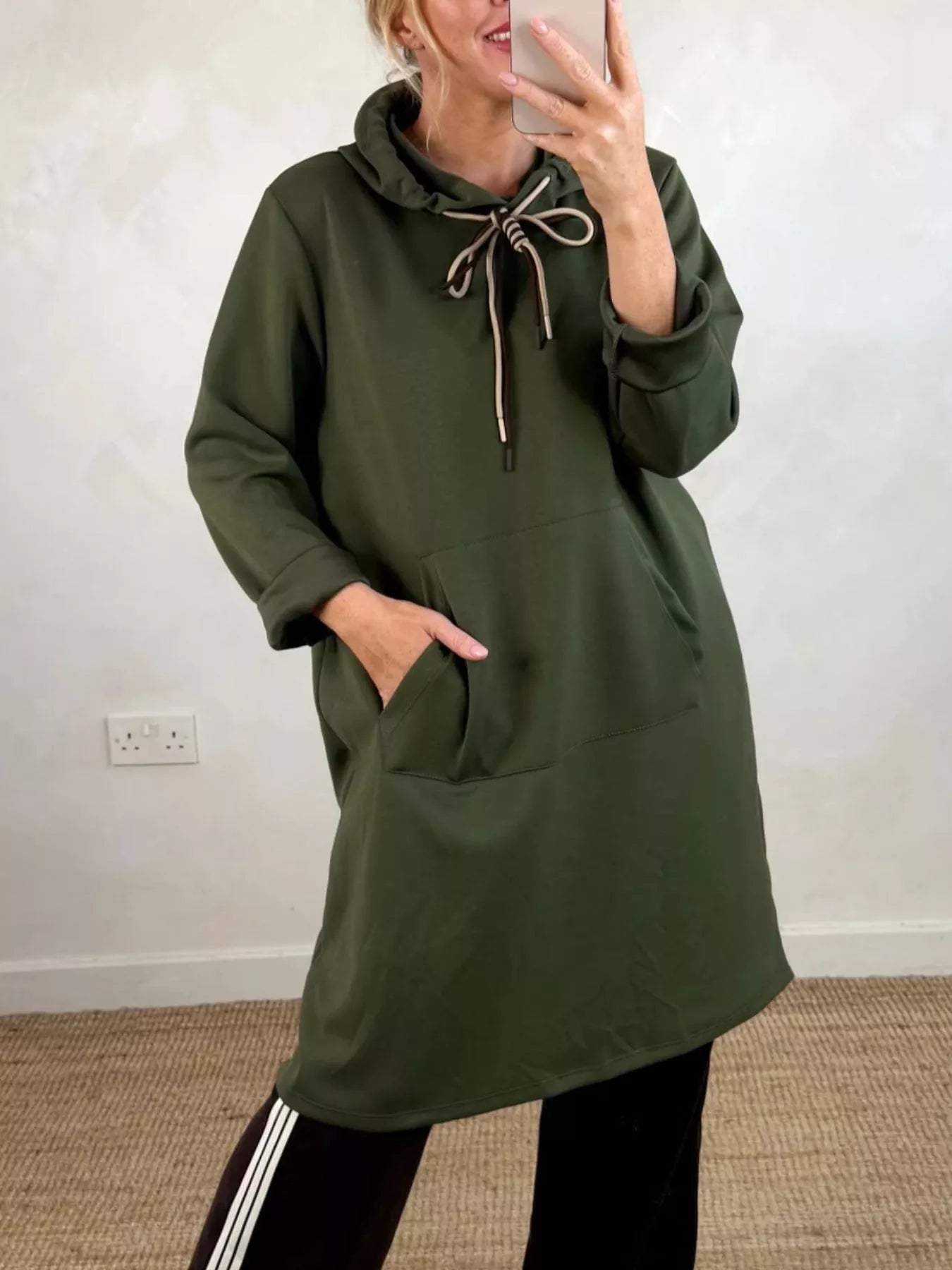Full Size Casual Drawstring Hooded Sweatshirt Dress Plus Size