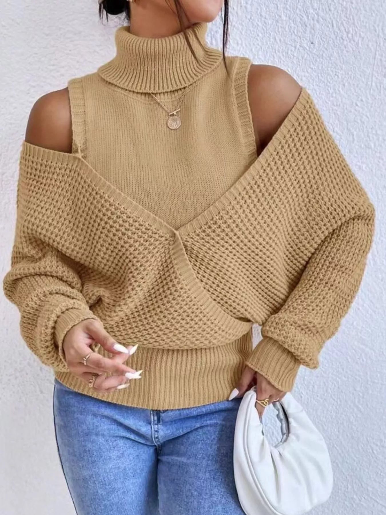 Waffle Knit Cold Shoulder Turtleneck Sweater