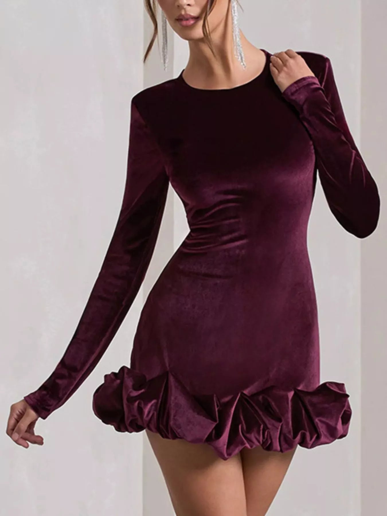Velvet Ruched Hem Long Sleeve Dress