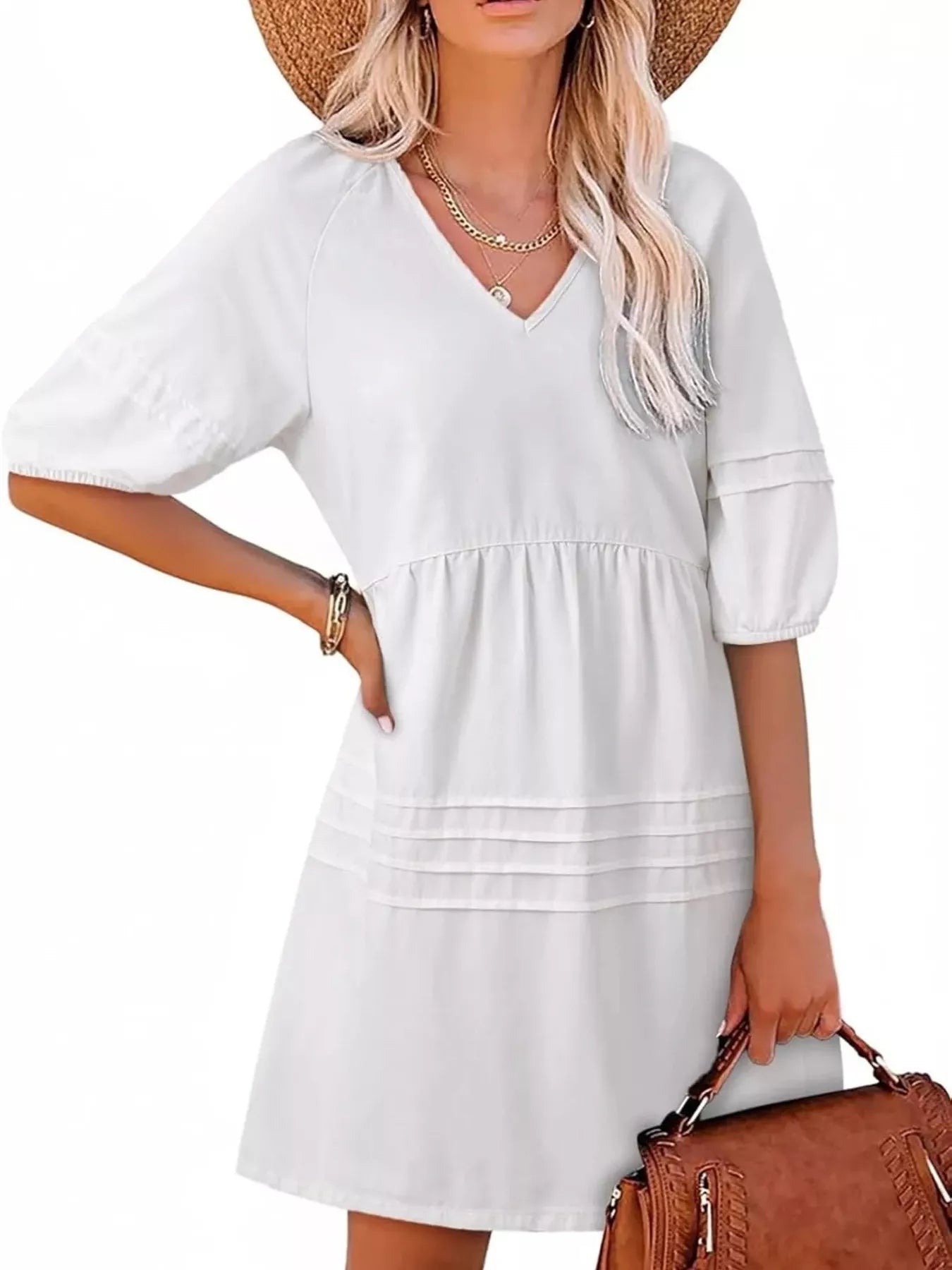 Casual V-Neck Puff Sleeve Denim Mini Dress