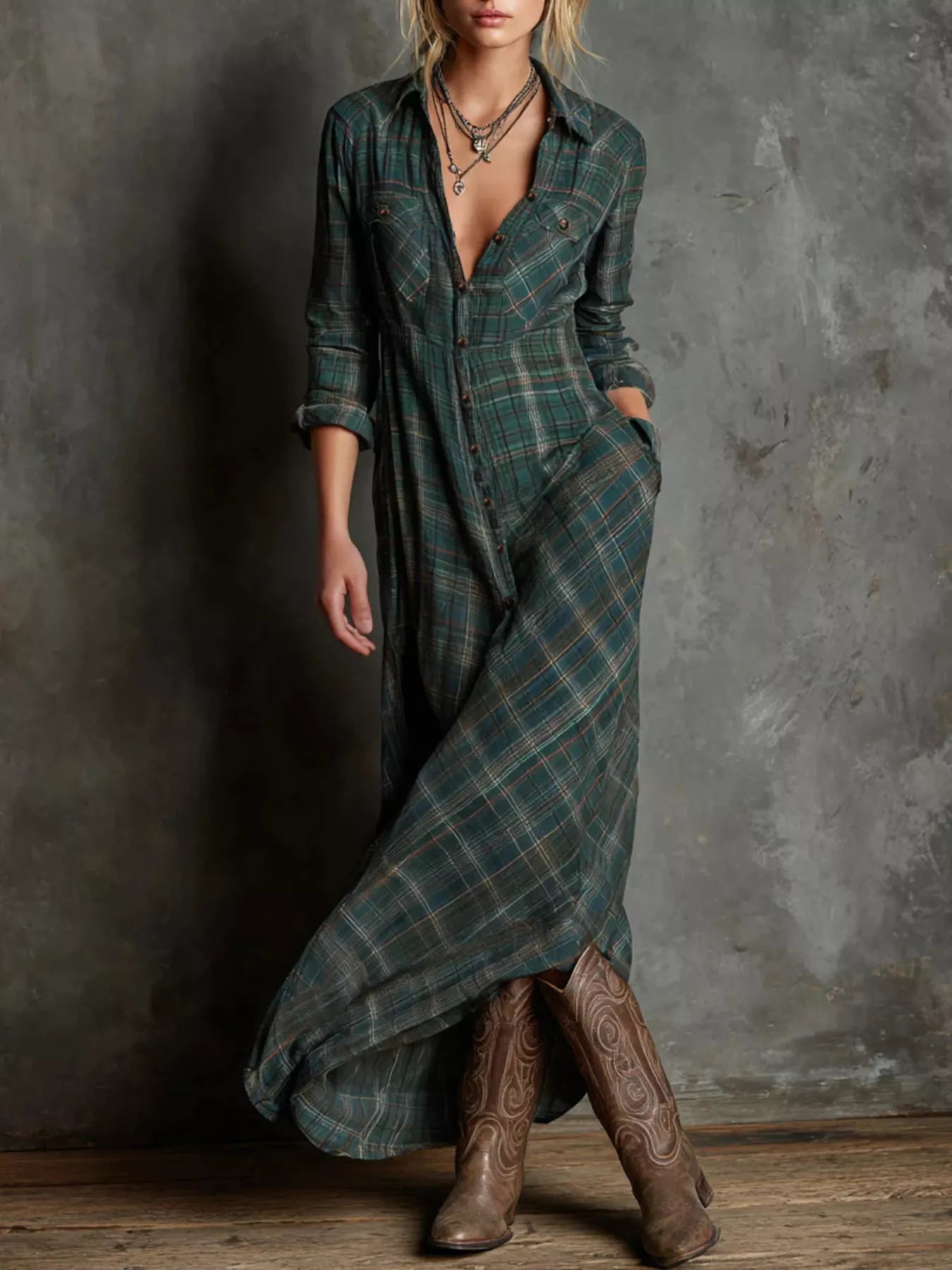 Full Size Plaid Button-Down Maxi Dress Plus Size