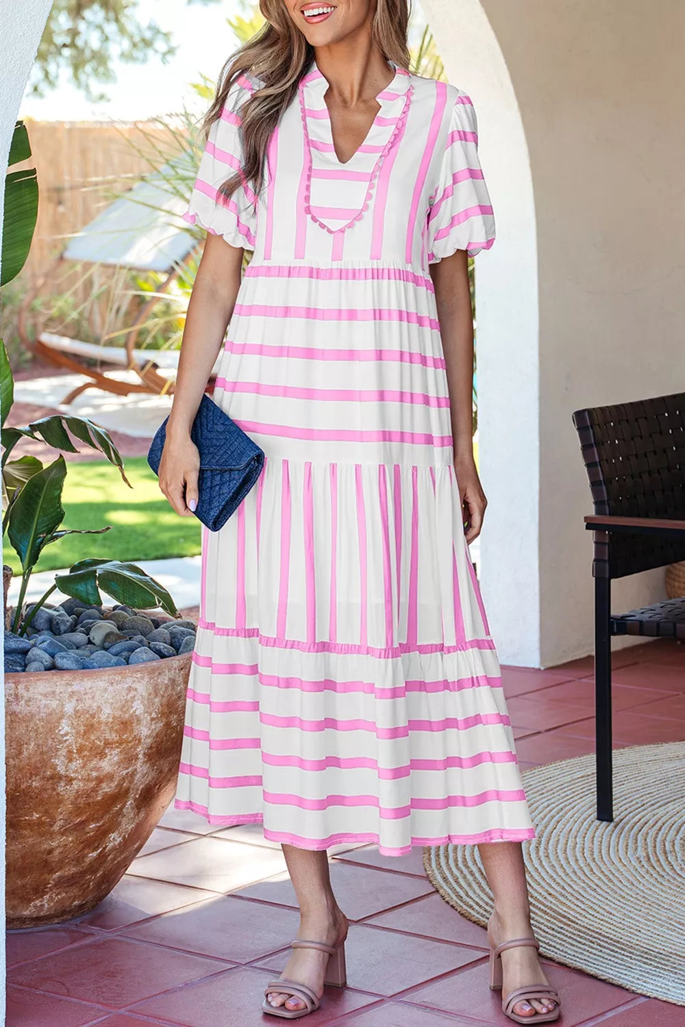 Stripe Ricrac Trim Notched Neck Half Sleeve Dress