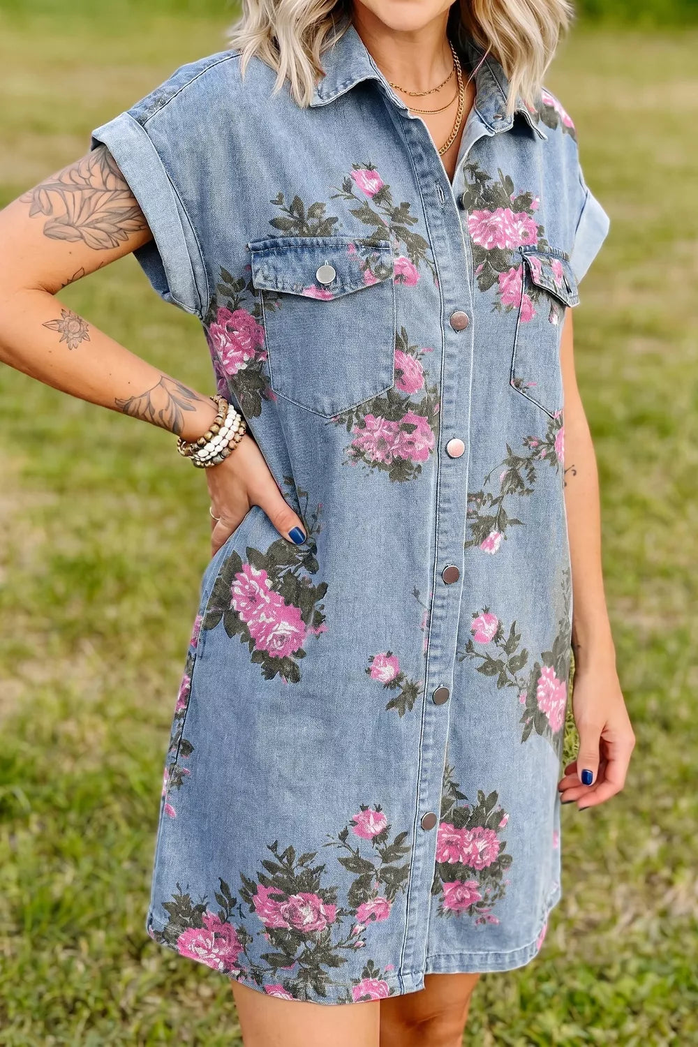 Floral Print Denim Shirt Dress