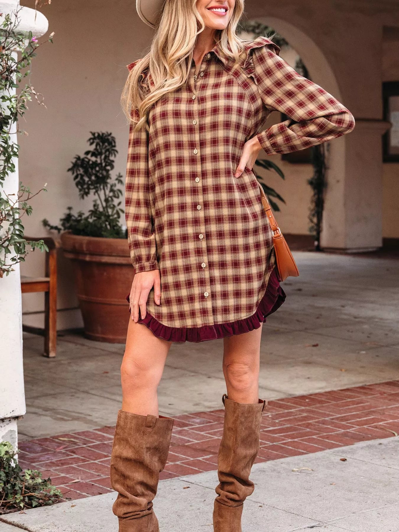 Plaid Print Ruffled Long Sleeve Patchwork Hem Mini Shirt Dress