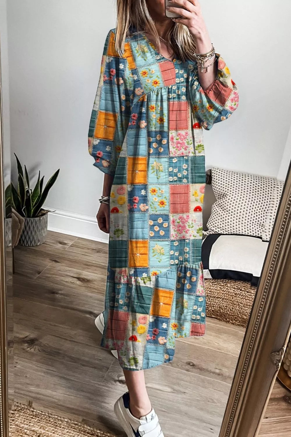 Floral Checkered V-Neck Dress
