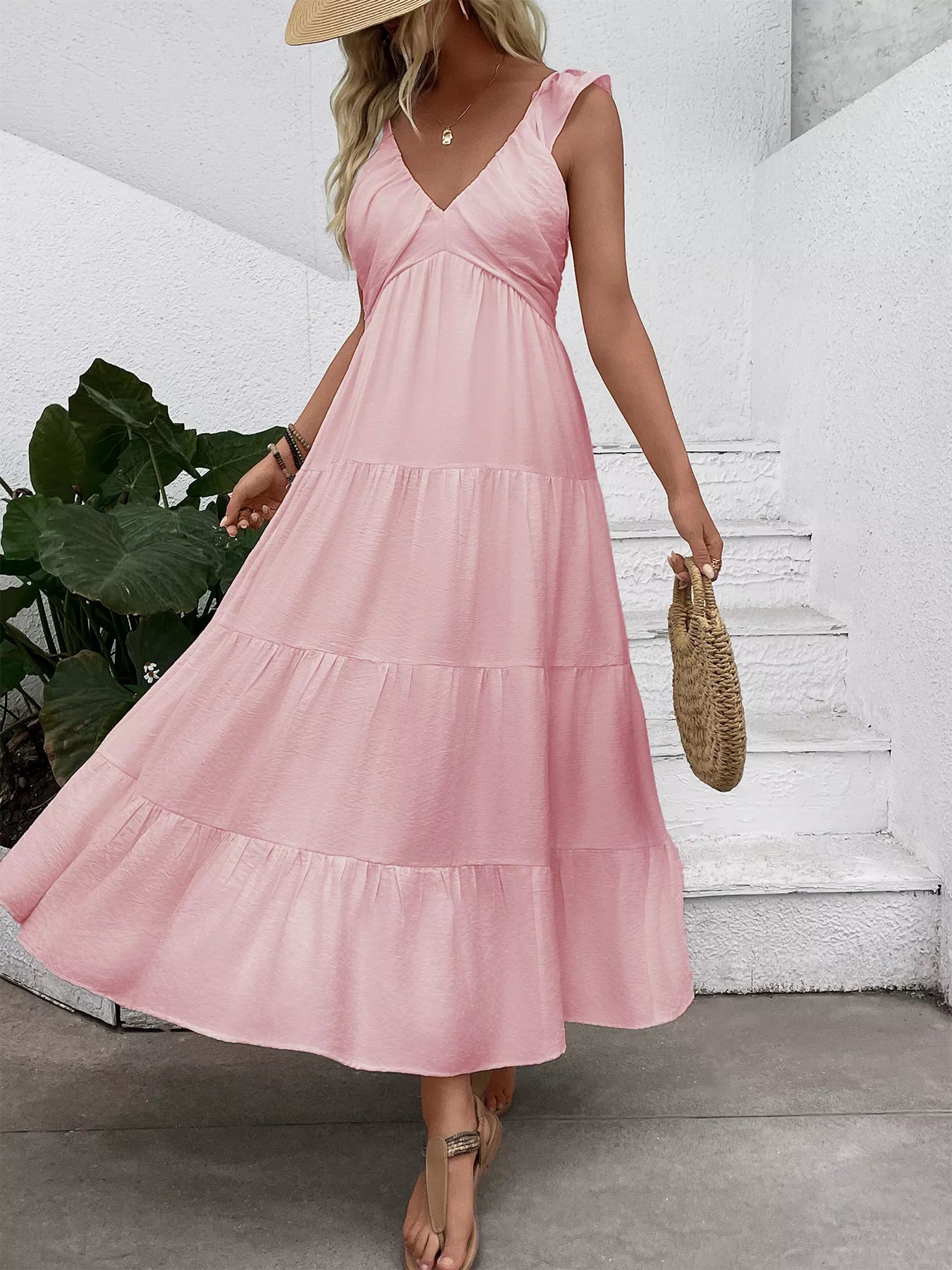 V-Neck Tiered Dress with Flutter Sleeves
