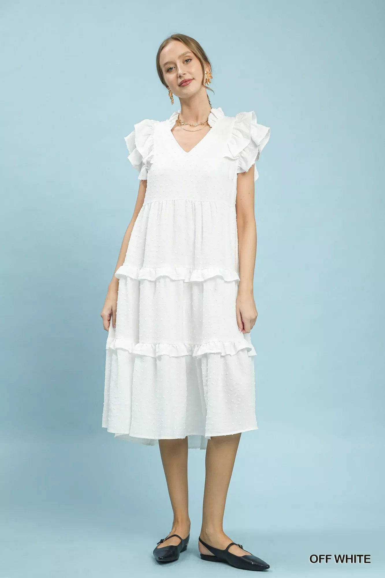 Umgee Textured Ruffle Sleeve Tiered Midi Dress