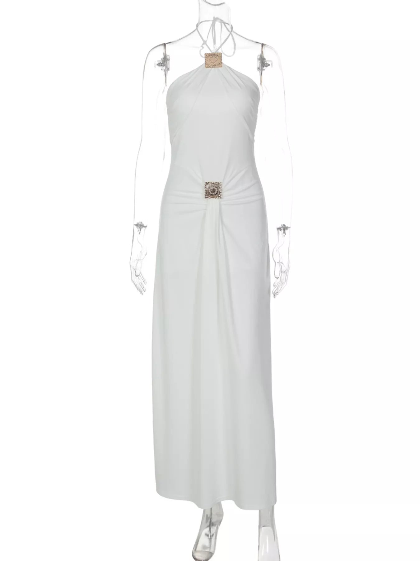 Backless Ruched Halter Neck Maxi Dress