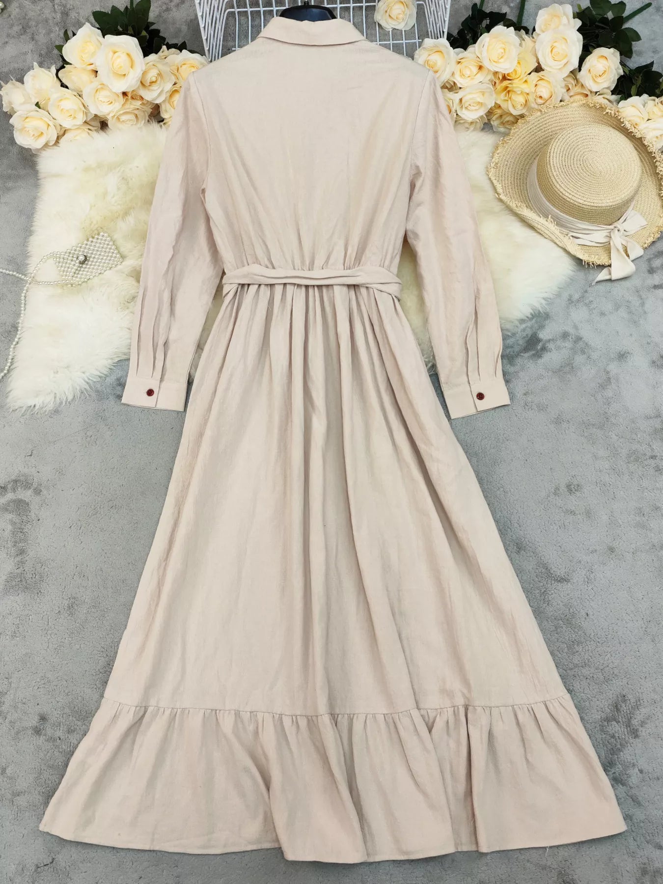 Tie Waist Long Sleeve Ruffled Hem Dress