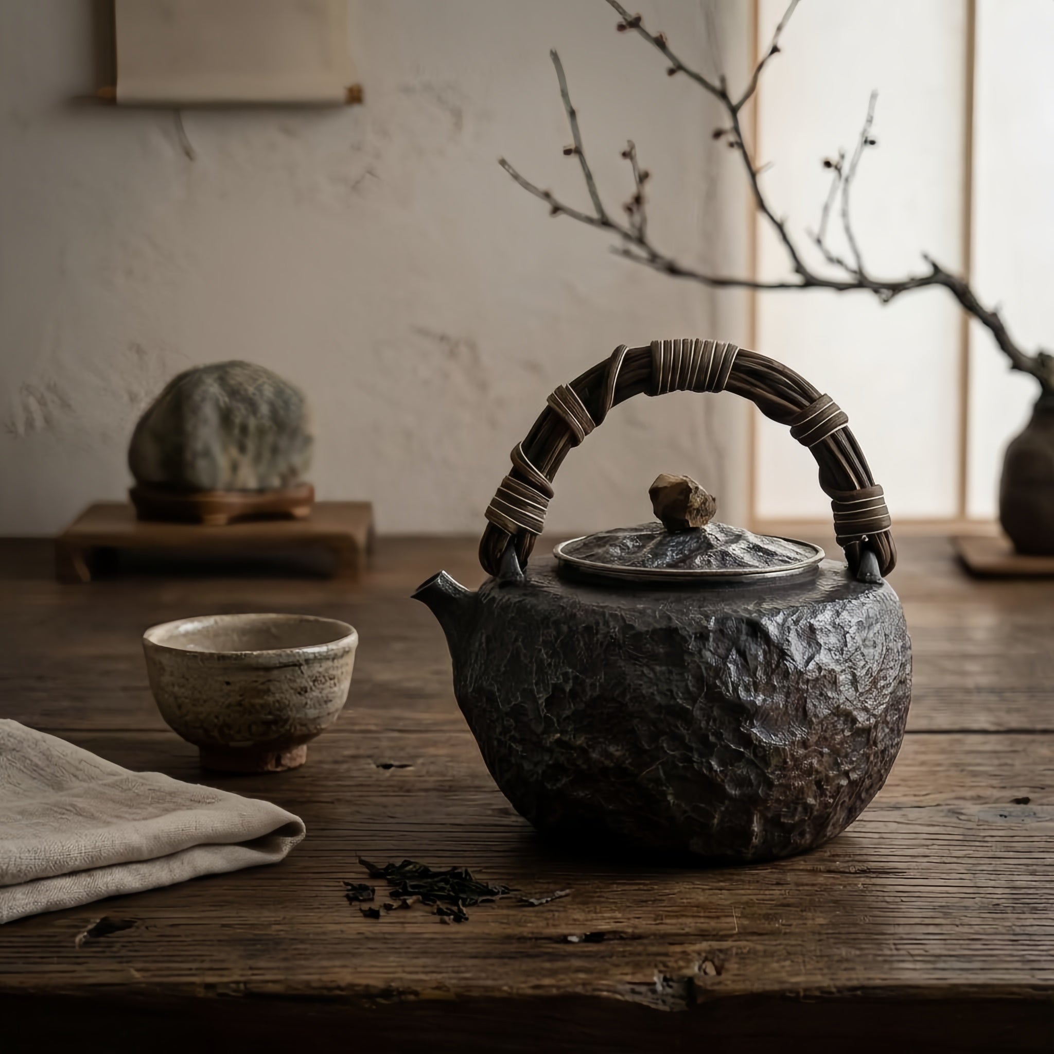 Pure 999 Fine Silver Hammered Metal Teapot with Woven Bamboo Handle and Stone Knob-Fine large teapot - Handicraft