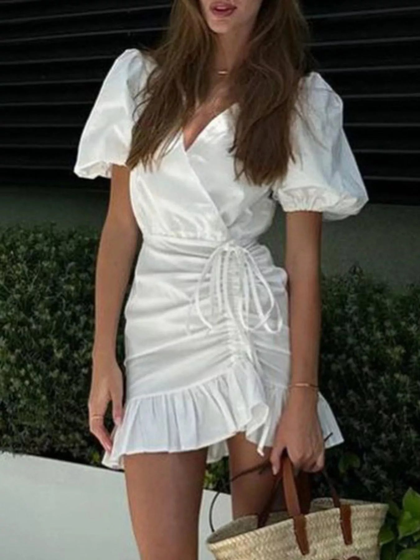Ruffled Hem Ruched Puff Sleeve Mini Dress