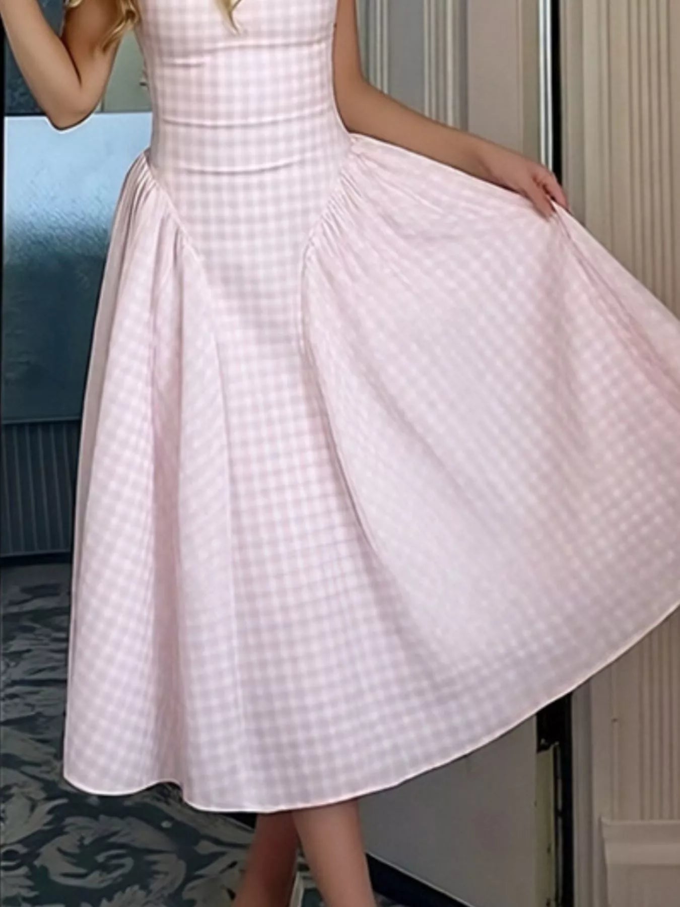 Full Size Plaid Square Neckline Midi Dress Plus Size
