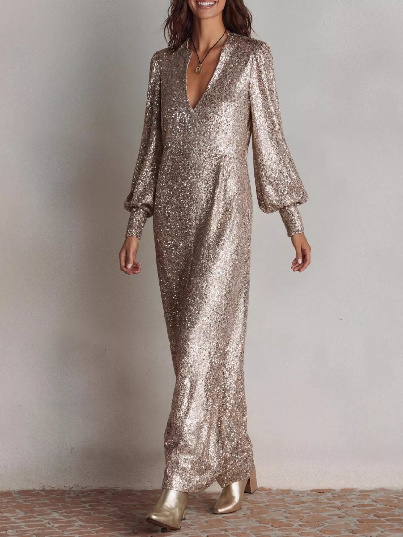 Sequin Notched Lantern Sleeve Maxi Dress